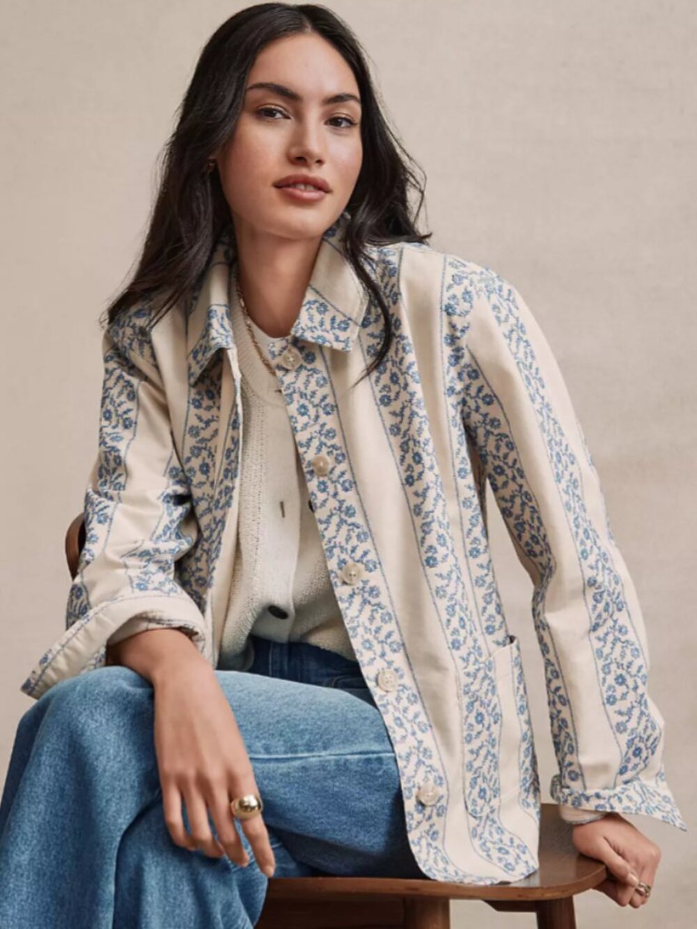 Loft Floral Striped Chore Button Front Jacket Cottagecore White Blue - Medium
